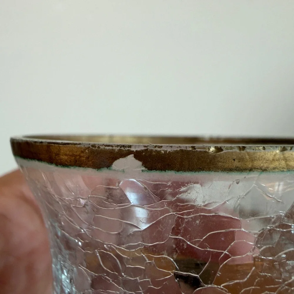Vintage Clear Crackle Glass Footed Votive Holder Gold Rim Tripod Base